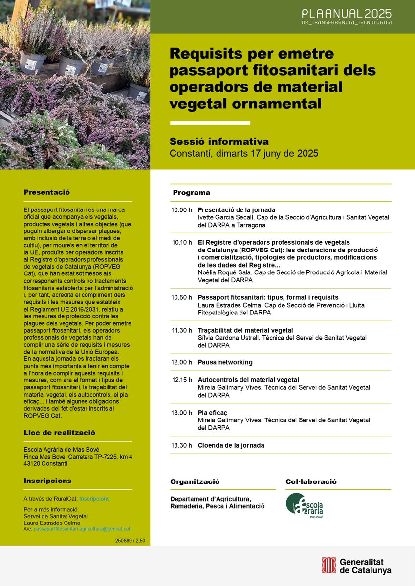 📌Sessió informativa: Requisits per emetre passaport fitosanitari dels operadors de material vegetal ornamental #PATT2025

📍 Constantí
🗓️ 17 de juny de 2025
🕘 10.00 h

ow.ly/P3NT50W64Cu