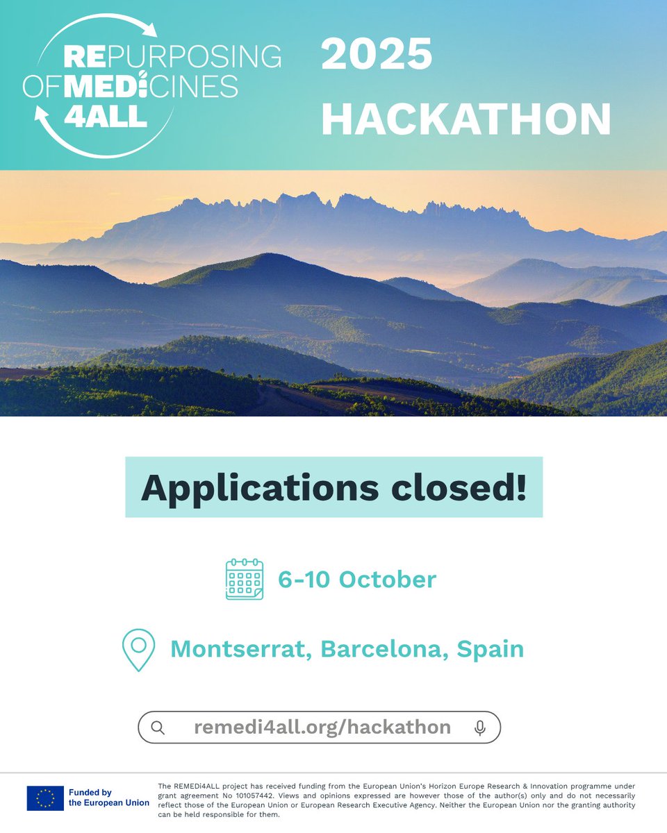 REMEDi4ALL (@remedi4all) on Twitter photo 📢 Applications for the REMEDi4ALL Hackathon are now closed!
Thank you to everyone who applied! We are now reviewing your applications and look forward to bringing together an inspiring group in Barcelona this October.
More REMEDi4ALL training➡️ loom.ly/thCPXrc 📢 Applications for the REMEDi4ALL Hackathon are now closed!
Thank you to everyone who applied! We are now reviewing your applications and look forward to bringing together an inspiring group in Barcelona this October.
More REMEDi4ALL training➡️ loom.ly/thCPXrc
