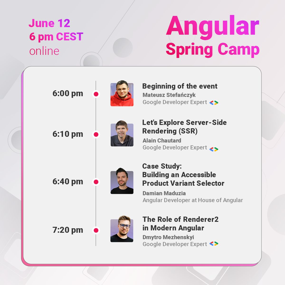 AngularLovePL's tweet image. 3 Angular Experts. 3 practical topics. Thursday. Are you coming? 🙌
This Thursday, June 12, at 6:00 pm CEST, we’re closing out the Angular Spring Camp series with three hands-on sessions from Angular Experts who know their stuff.
📅 Agenda:
🕕 6:00 pm – Opening.…