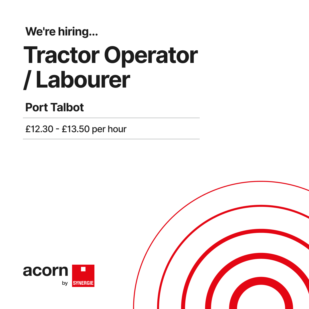 Tractor Operator / Labourer opportunity 

🚜 Location: Port Talbot, Neath Port Talbot  
💰 Pay Rate: £12.30 - £13.50 per hour + DOE, Overtime Premium, Holiday Pay &amp; Pension  
📝 Contract Type: Temporary

👉 Apply now: acornpeople.com/jobs/254558-Tr…