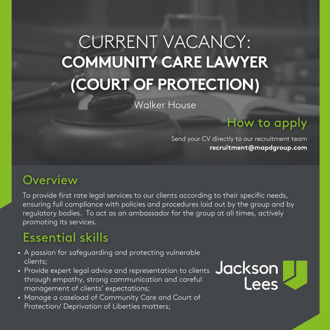 We are looking for a Community Care Lawyer to join our Court of Protection team! 

Located in our Liverpool City Centre office, you will provide expert legal advice and representation to our clients.

For full vacancy details, check here: ow.ly/BWex50W7yk7