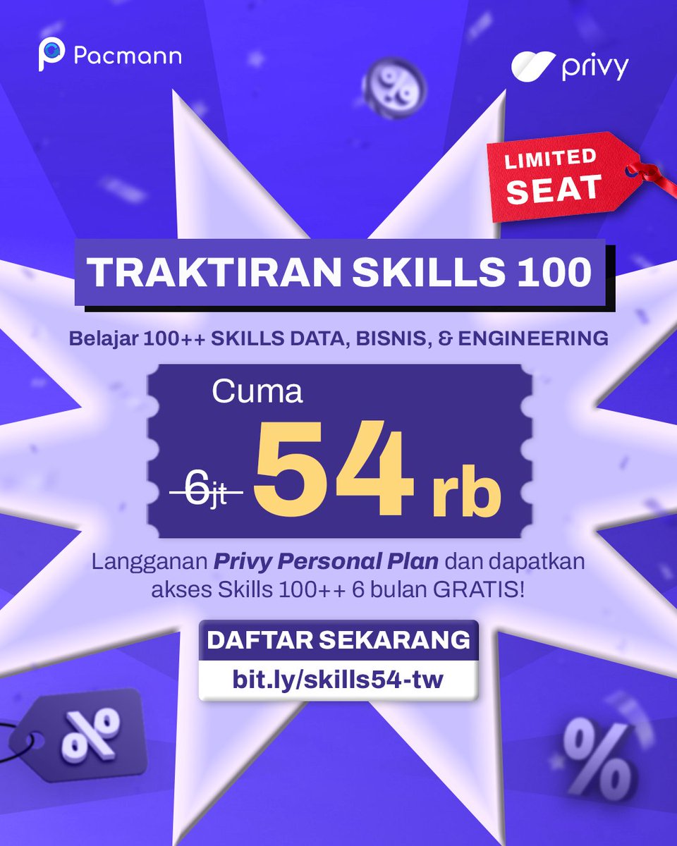 Pacmann Media (@pacmannai) on Twitter photo ๐ฃ๐ฅ๐ข๐ ๐ข ๐๐จ๐๐๐ก ๐๐จ๐ก๐ โ ๏ธ
BELAJAR ๐ฆ๐๐๐๐๐ฆ ๐ญ๐ฌ๐ฌ++ CUMA ๐ฑ๐ฐ ๐ฅ๐๐๐จ!
Cuma langganan personal plan Privy @privyID seharga 54 Ribu, Anda bisa belajar 100++ COURSES dari Machine Learning, Data Science, Data Analytics, Data Engineering, dan Business selama 6 Bulan!! ๐ฃ๐ฅ๐ข๐ ๐ข ๐๐จ๐๐๐ก ๐๐จ๐ก๐ โ ๏ธ
BELAJAR ๐ฆ๐๐๐๐๐ฆ ๐ญ๐ฌ๐ฌ++ CUMA ๐ฑ๐ฐ ๐ฅ๐๐๐จ!
Cuma langganan personal plan Privy @privyID seharga 54 Ribu, Anda bisa belajar 100++ COURSES dari Machine Learning, Data Science, Data Analytics, Data Engineering, dan Business selama 6 Bulan!!