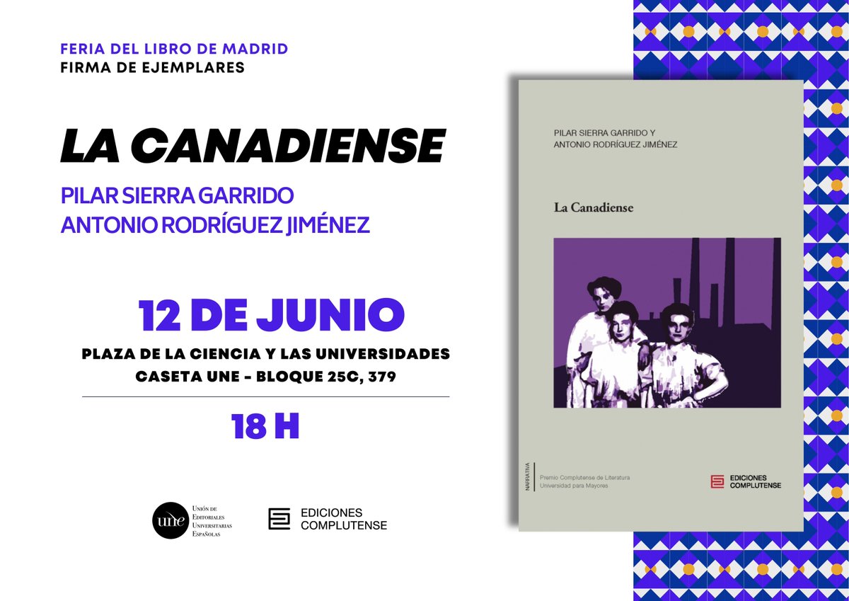 Llegamos a la recta final de estas semanas en la Feria con las firmas de nuestros Premios Complutense de Literatura de la Universidad para Mayores. El jueves 12 a las 12h podréis conocer a Carlos Díez, y ese mismo día a las 18h, a Pilar Sierra y Antonio Rodríguez. ¡Os esperamos!