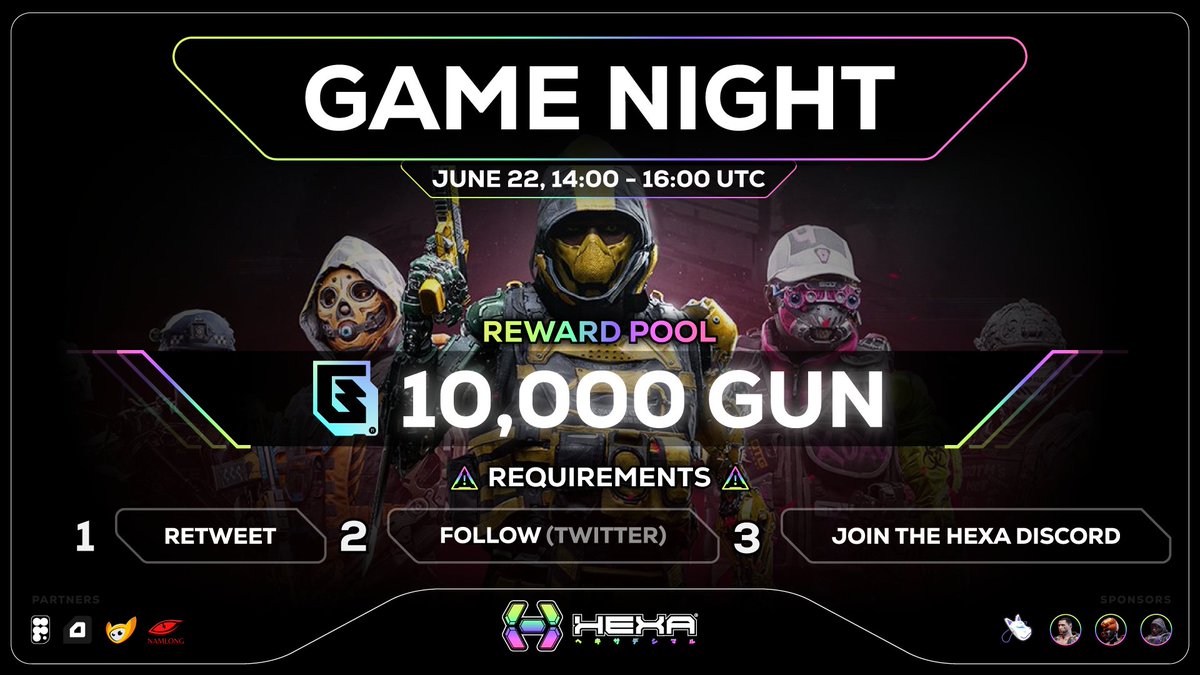🎮#HEXA GAME NIGHT

Celebrating over 100,000 HEXes extracted in <a href="/playoffthegrid/">Off The Grid</a> in the past 10 months 🎉

🗓️ Sunday, June 22 14:00 UTC
🎁 10,000 $GUN Prize Pool
🧑‍🌾 3 Winners

1⃣ Retweet
2⃣ Follow <a href="/HEXACorporation/">HEXA Corp.</a> 
3⃣ Join HEXA Discord

(to be eligible, must complete all 3)