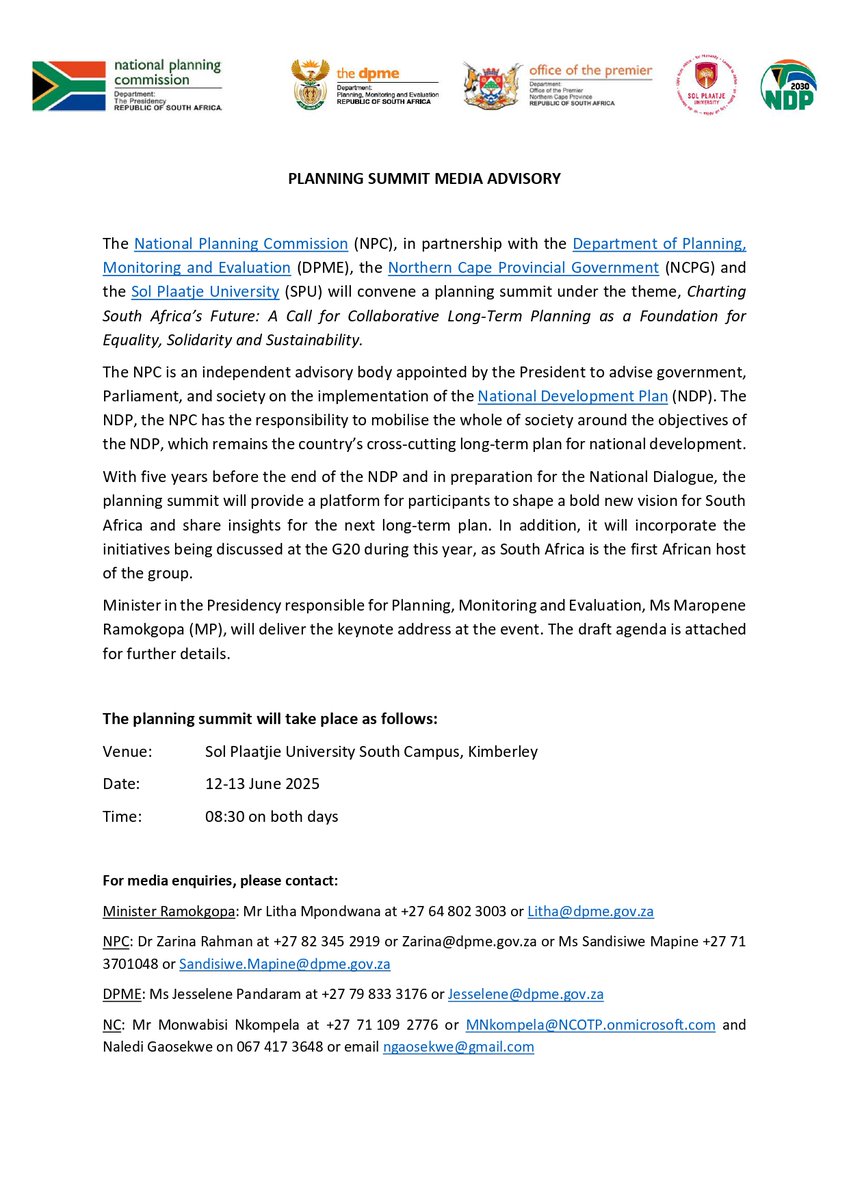 NPC (@npc_rsa) on Twitter photo MEDIA STATEMENT: NPC in partnership with <a href="/DpmeOfficial/">DPME</a> , <a href="/NCProvGov/">Northern Cape Provincial Government</a> and <a href="/MySPU/">Sol Plaatje Univ.</a> will convene a planning summit under the theme, Charting South Africa’s Future: A Call for Collaborative Long-Term Planning as a Foundation for Equality, Solidarity and Sustainability.
#planningsummit MEDIA STATEMENT: NPC in partnership with <a href="/DpmeOfficial/">DPME</a> , <a href="/NCProvGov/">Northern Cape Provincial Government</a> and <a href="/MySPU/">Sol Plaatje Univ.</a> will convene a planning summit under the theme, Charting South Africa’s Future: A Call for Collaborative Long-Term Planning as a Foundation for Equality, Solidarity and Sustainability.
#planningsummit