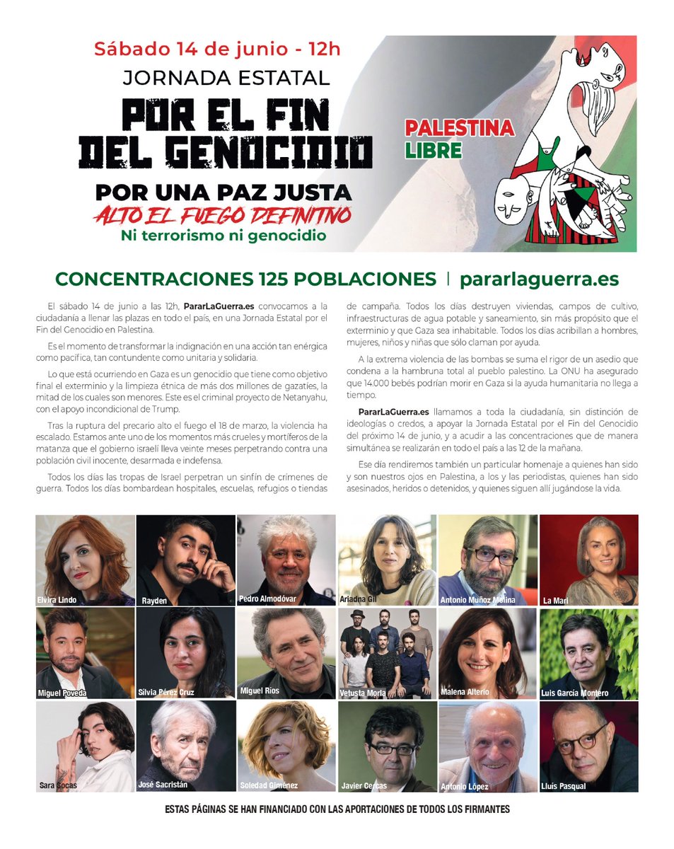 Mayores UDP (@mayoresudp) on Twitter photo #MayoresUDP, con
<a href="/PararLaGuerra/">Hay que parar la guerra ☮️🕊️</a>
Nos movilizamos por una paz justa, por el fin del Genocidio en 🇵🇸#Palestina. Es una cuestión de Derechos Humanos
📅 Sábado 14 de junio, 12h.
📍 Plazas de 125 municipios. Consulta: pararlaguerra.es/listado-de-con… #MayoresUDP, con
<a href="/PararLaGuerra/">Hay que parar la guerra ☮️🕊️</a>
Nos movilizamos por una paz justa, por el fin del Genocidio en 🇵🇸#Palestina. Es una cuestión de Derechos Humanos
📅 Sábado 14 de junio, 12h.
📍 Plazas de 125 municipios. Consulta: pararlaguerra.es/listado-de-con…