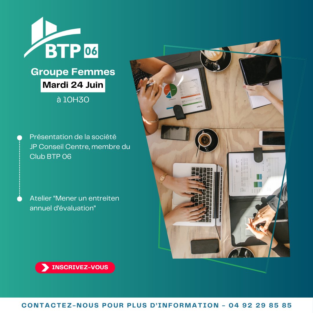 ➡️ [ GROUPE FEMMES ] A vos agendas !

La prochaine réunion du Groupe Femmes BTP 06 aura lieu mardi 24 juin à la FBTP06.

🔹 Présentation de la société JP CONSEIL CENTRE
🔹 Atelier « Mener un entretien annuel d’évaluation » 

🕥 10H30 – 13H00
📱 Inscription obligatoire