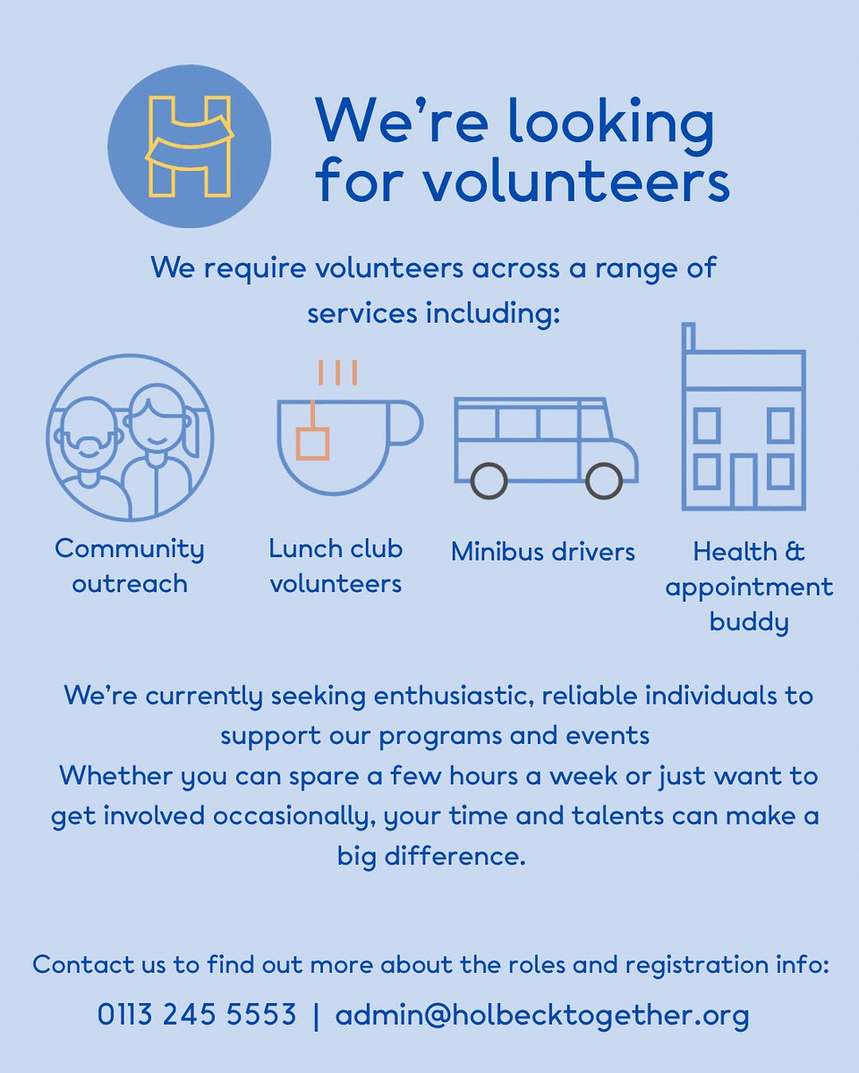 Holbeck Together (@holbecktogether) on Twitter photo Make a difference with Holbeck Together💙
We're looking for passionate, caring volunteers to join our team!⭐️
For more information, don't hesitate to reach out and contact us, we'd love to have you on board.
0113 245 5553
admin@holbecktogether.org Make a difference with Holbeck Together💙
We're looking for passionate, caring volunteers to join our team!⭐️
For more information, don't hesitate to reach out and contact us, we'd love to have you on board.
0113 245 5553
admin@holbecktogether.org