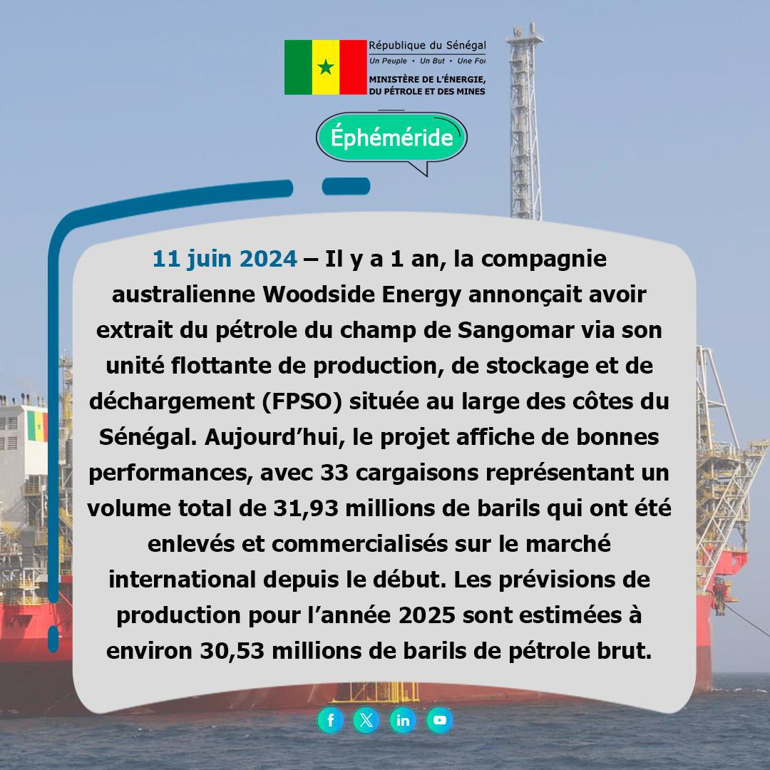 Mepmsenegal's tweet image. 11 juin 2024 – 11 juin 2025 🔙📅 Il y a 1 an, la compagnie australienne @WoodsideEnergy annonçait avoir extrait du pétrole du champ de Sangomar via son unité flottante de production, de stockage et de déchargement (FPSO) située au large des côtes du Sénégal.
#Ephemeride #MEPM…