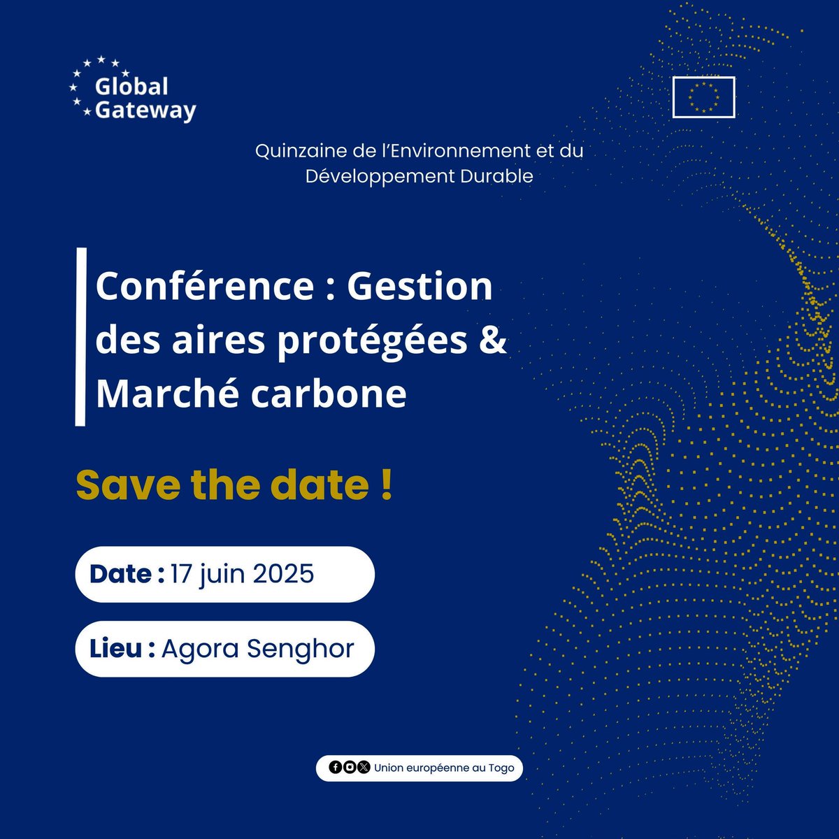 La conférence #QEDD, moment fort pour l’environnement au Togo, se tiendra ce mardi 17 juin, à Agora Senghor à Lomé.
Retrouvons-nous pour parler de la gestion des aires protégées et du marché carbone.
#QEDD2025 #AgirEnsemble #UEAuTogo #GlobalGateway