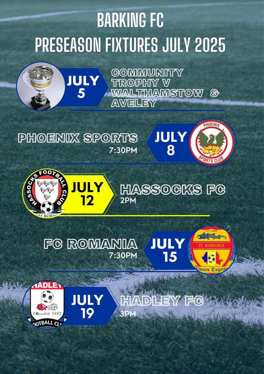 Barking FC (@barkingfc) on Twitter photo PRESEASON FIXTURES CONFIRMED!
Below is our confirmed list of preseason fixtures before the start of the <a href="/EssexSenior/">Essex Senior League</a> on Saturday 26 July! Games in blue will take place at the Lawtech Stadium, while we will travel to <a href="/hassocksfc/">Hassocks FC ๐</a>!
More info on the Community Trophy to follow! PRESEASON FIXTURES CONFIRMED!
Below is our confirmed list of preseason fixtures before the start of the <a href="/EssexSenior/">Essex Senior League</a> on Saturday 26 July! Games in blue will take place at the Lawtech Stadium, while we will travel to <a href="/hassocksfc/">Hassocks FC ๐</a>!
More info on the Community Trophy to follow!