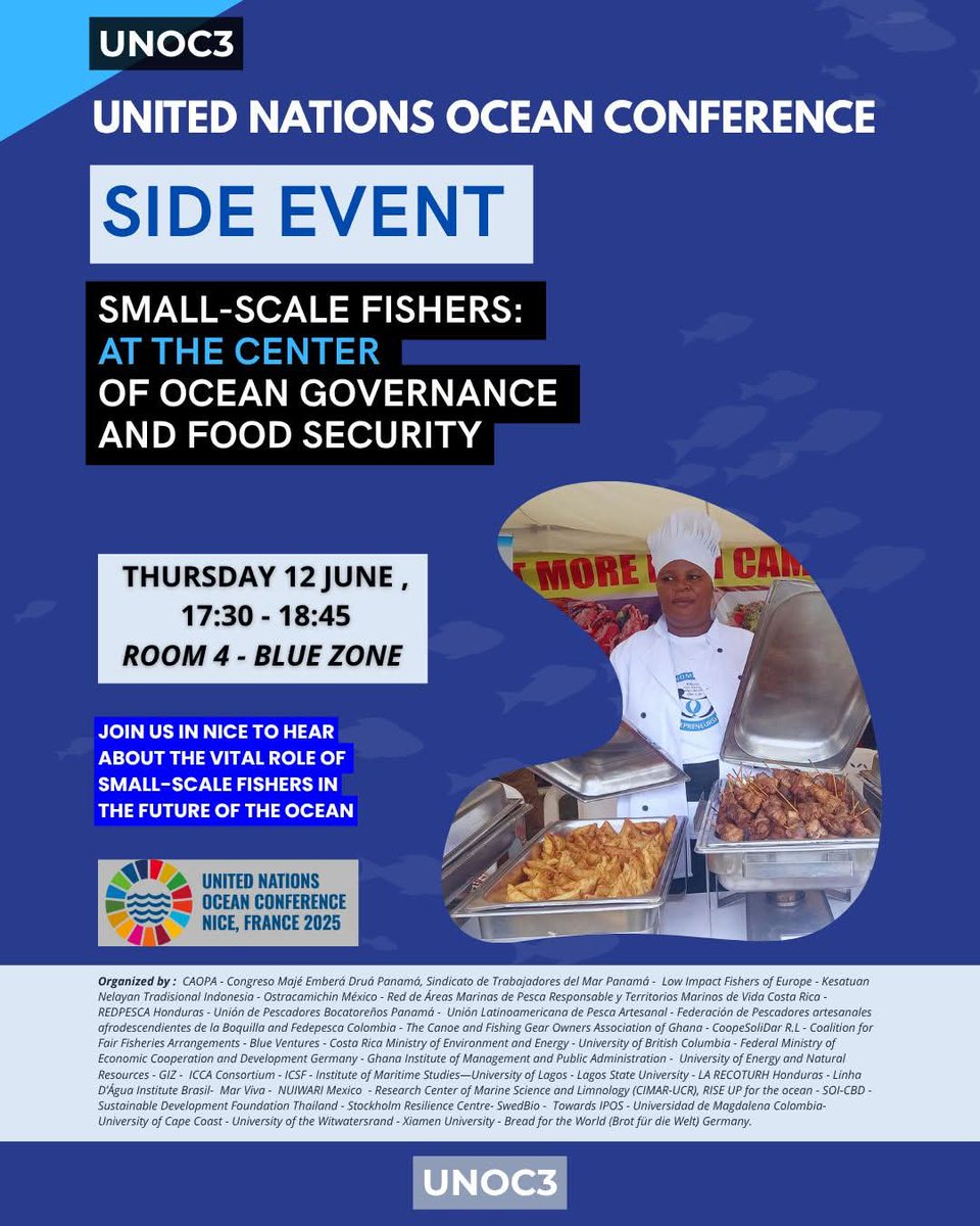 📣 Rejoignez-nous à l’#UNOC3 à Nice !

🗓️ Mercredi 12 juin |

 🕠 17h30

📍 Salle 4 – Zone Bleue

🎯 Thème : La pêche artisanale au cœur de la gouvernance océanique &amp; de la sécurité alimentaire.

 Avec des pêcheurs d’Afrique, Asie, Amérique Latine &amp; Europe.
#SSF