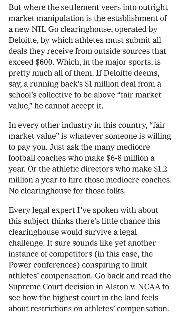 The #NIL clearinghouse is the next battleground for college sports. It’s a war players/boosters/collectives should win. Perhaps the biggest reason for new efforts to cause Congress to pass a bill granting an antitrust exemption. Politicians shouldn’t be pawns for the powerful.