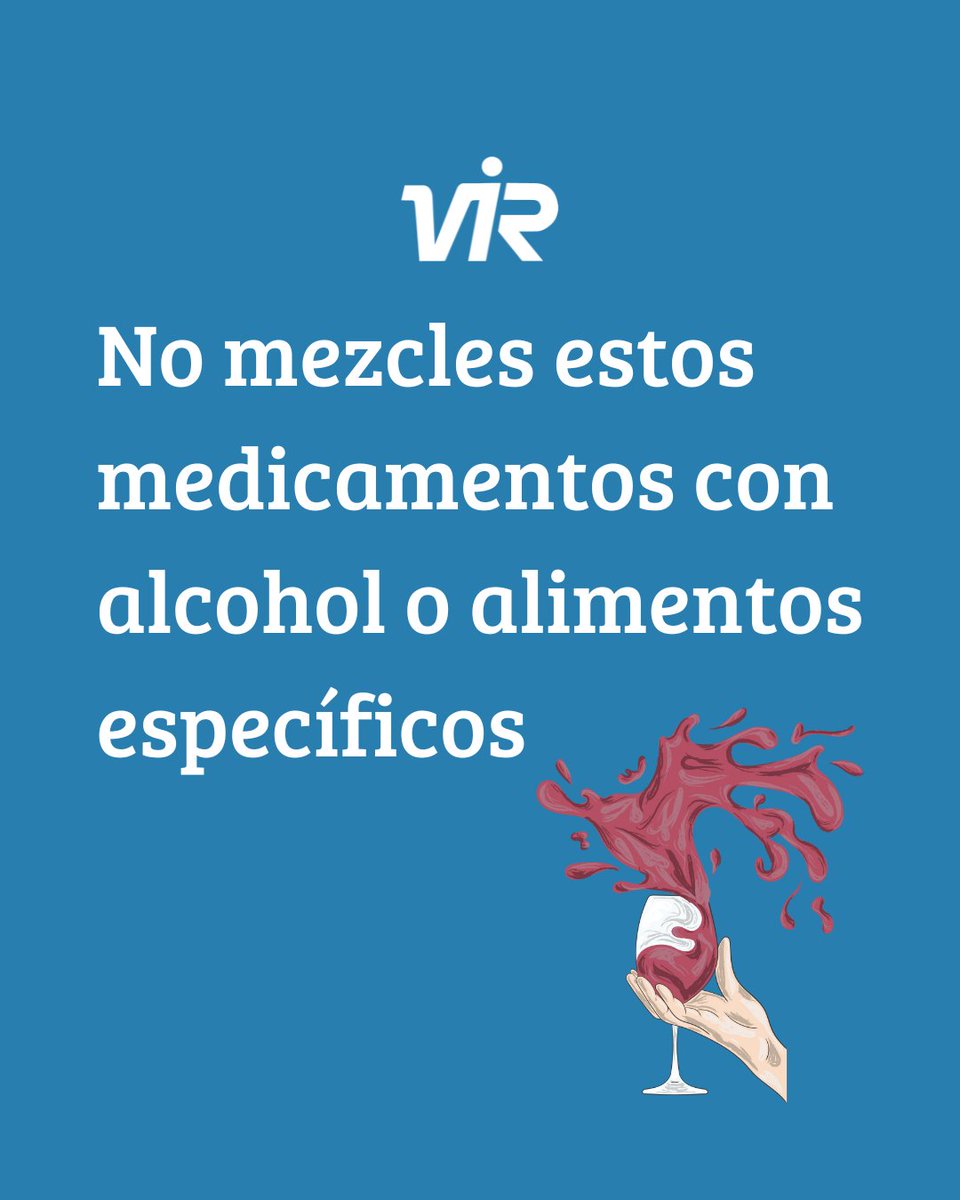 No mezcles medicamentos con alcohol o ciertos alimentos
Algunos pueden causar efectos graves:
🍷 Alcohol + ansiolíticos o ibuprofeno = peligro
🍊 Pomelo + estatinas = interacción
🥛 Lácteos + antibióticos = menos eficacia

#LaboratoriosVIR