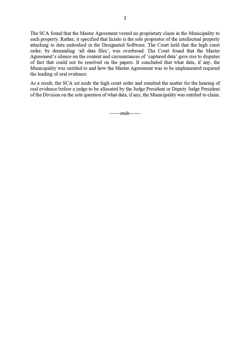Inzalo Enterprise Management Systems (Pty) Ltd v Chief Albert Luthuli Municipality (102/2024) [2025] ZASCA 85 (11 June 2025)
Today the Supreme Court of Appeal (SCA) handed down judgment, and upheld the appeal, with costs, against an order granted in the Mpumalanga Division.