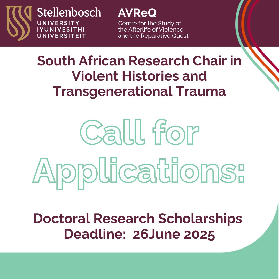 AVReQ_SU's tweet image. Call for Applications | The SARChI Chair is seeking applications for MA and PhD #Scholarships funded by the NRF. For more information on research topics, related areas of interest, eligibility criteria, and application procedures, click on the respective links in the bio.