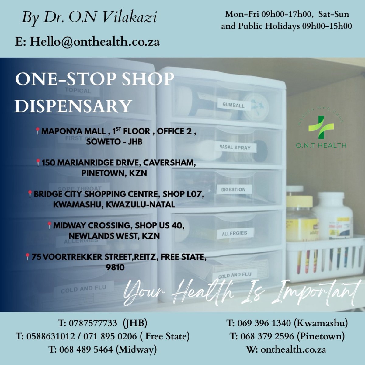 MedicsWhoCare's tweet image. Your one-stop shop dispensary with all of your medical needs is available here at our practice! 💚
Make your way to O.N.T Health for meds you’ll need to treat all acute and chronic medical illnesses.
Available at all our practices
Walk-ins are welcome
Open :09:00-17:00 💚