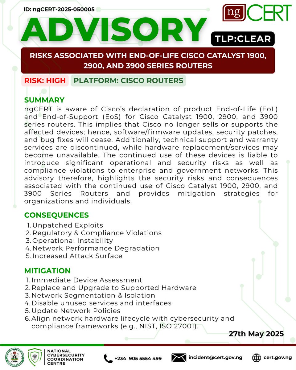 CRITICAL: ngCERT is aware of Cisco’s declaration of product End-of-Life (EoL) and End-of-Support (EoS) for Cisco Catalyst 1900, 2900, and 3900 series routers. 
Visit our website for more info: 
cert.gov.ng/advisories/ris…