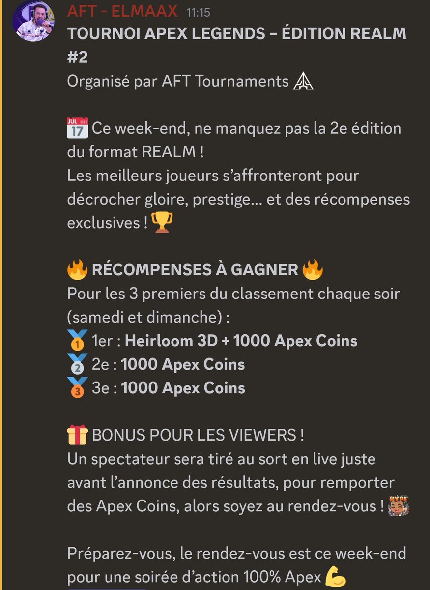 Mise à jour du CP des realms AFT "Heavy is the crown" de ce week-end ! 🏆👑

Hâte de vous voir vous affronter dans les jeux Apex ! 💥

En partenariat avec <a href="/Respawn/">Respawn</a> <a href="/_ApexStatus/">Apex Legends Status</a> <a href="/ApexEvoniia/">Evoniia</a>