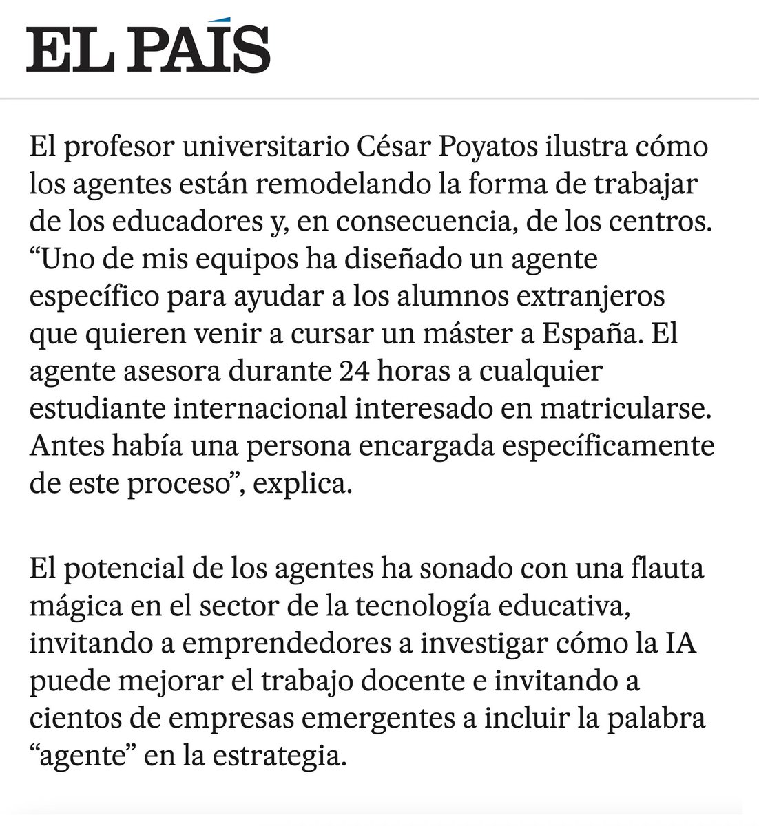César Poyatos Dorado @cpoyatos.bsky.social (@cpoyatos) on Twitter photo El País ha recogido cómo en la asignatura Contenidos digitales, materiales educativos multimedia y creatividad aplicada a las TIC del Máster TIC en <a href="/faculeduam/">FACULTAD DE FORMACIÓN DEL PROFESORADO Y EDUCACIÓN</a> - <a href="/UAM_Madrid/">UAM Autónoma Madrid</a> hemos trabajado con nuestro estudiantado en el diseño de agentes de IA aplicados en proyectos TFM.
🧵👇 El País ha recogido cómo en la asignatura Contenidos digitales, materiales educativos multimedia y creatividad aplicada a las TIC del Máster TIC en <a href="/faculeduam/">FACULTAD DE FORMACIÓN DEL PROFESORADO Y EDUCACIÓN</a> - <a href="/UAM_Madrid/">UAM Autónoma Madrid</a> hemos trabajado con nuestro estudiantado en el diseño de agentes de IA aplicados en proyectos TFM.
🧵👇