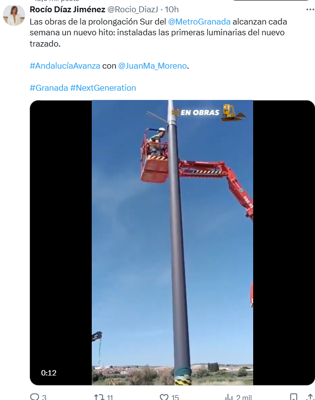 Desenmascarando las mentiras de los consejeros/as del PP en la Junta y los "yo invito, tú pagas"

👋🏾Hola, consejera

La ampliación del metro de Granada se financia con los 95M€ que el Gobierno de España ha transferido del Plan de Recuperación, fondos NextGeneration, a la Junta