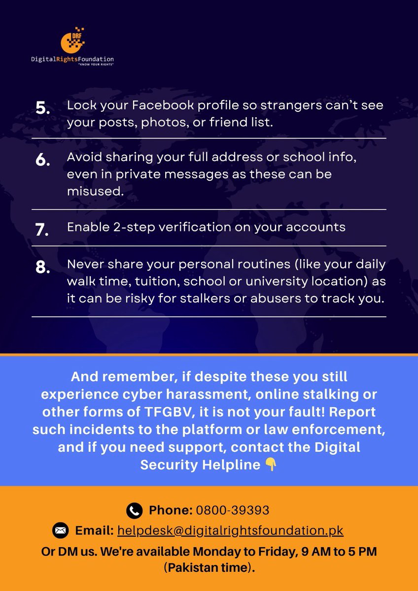 Given alarming increase of online abuse, #TFGBV #cyberharassment women must take care of digital safety&amp; follow best practices to be safe online

<a href="/DigitalRightsPK/">Digital Rights Foundation</a> brings safety tips, guidelines. contact digital security Helpline 0800-39393, helpdesk@digitalrightsfoundation.pk