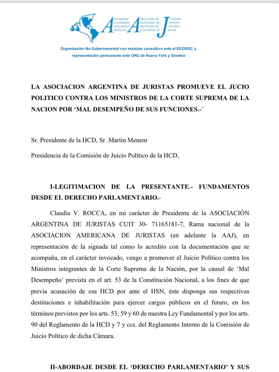 La AAJ rama Argentina presentó un pedido de juicio político contra los ministros de la Corte Suprema de la Nación Argentina, ante la Comisión de Juicio Político de la Honorable Cámara de Diputados. #csjn #justicia #juiciopolitico