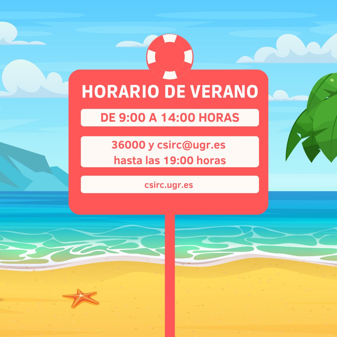 csircugr (@csircugr) on Twitter photo 🏖️ El 15 de junio comienza el horario de #verano y terminará el 15 de septiembre
😎 Se podrá #contactar con el Centro de Atención al Usuario (CAU):
🗓️ de lunes a viernes
🕘 de 9:00 a 19:00
📩 csirc@ugr.es
📱 958241010 (opción 3)
☎️ 36000
#csirc #csircugr #horariodeverano 🏖️ El 15 de junio comienza el horario de #verano y terminará el 15 de septiembre
😎 Se podrá #contactar con el Centro de Atención al Usuario (CAU):
🗓️ de lunes a viernes
🕘 de 9:00 a 19:00
📩 csirc@ugr.es
📱 958241010 (opción 3)
☎️ 36000
#csirc #csircugr #horariodeverano