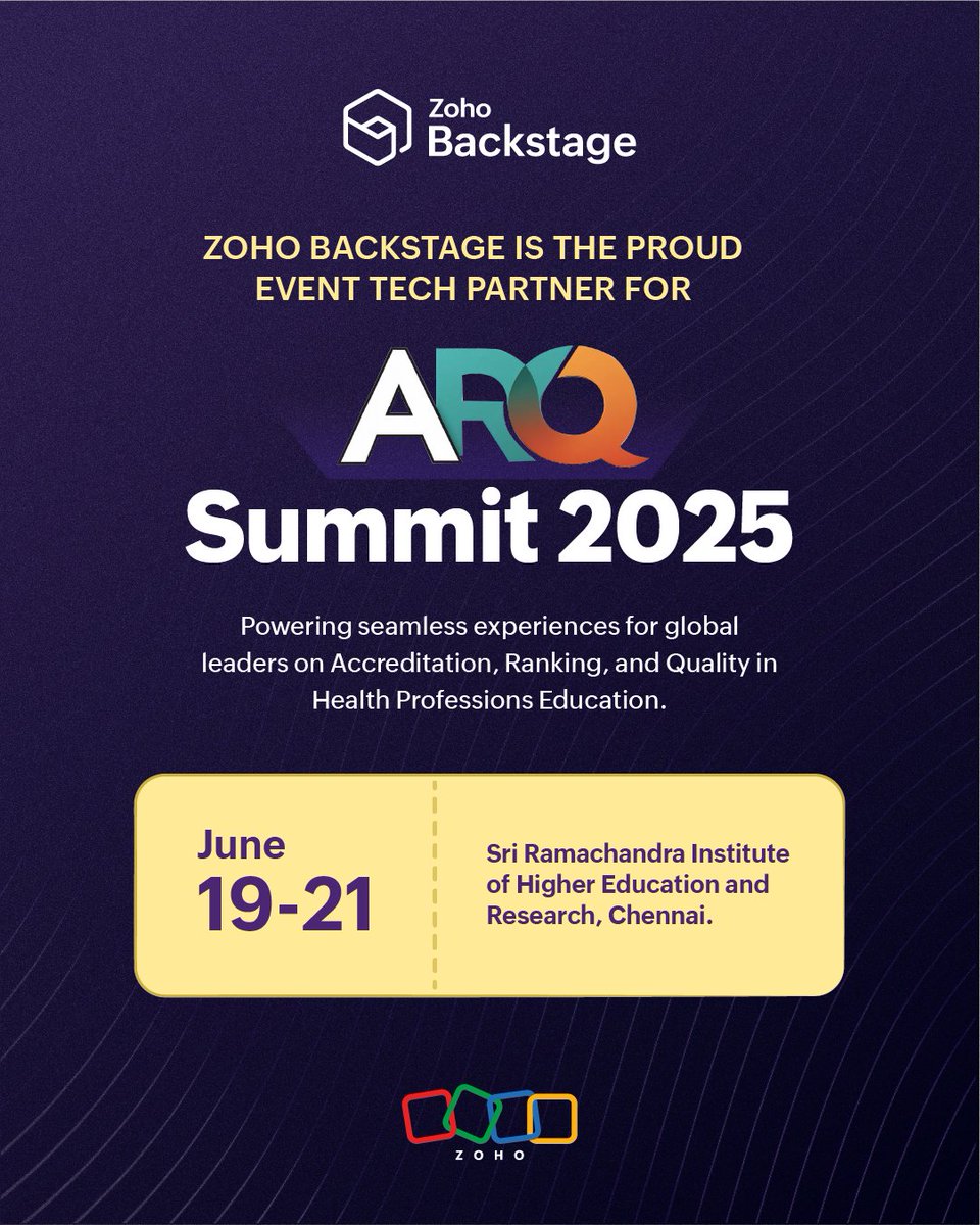 #ARQ2025 is bringing together global leaders in health education, and Zoho Backstage is powering every moment behind the scenes.

We are proud to be the event tech partner of this first international conference on Accreditation, Ranking, and Quality in higher education.