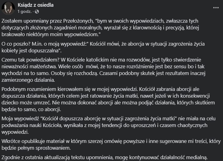 Okazuje się, że Ksiądz z osiedla nie był upomniany przez przełożonych za szerzenie fałszywych informacji i manipulacji o osobach LGBT+, ale za skrót myślowy o tym, że "Kościół dopuszcza aborcję w przypadku zagrożenia życia kobiety". OK.