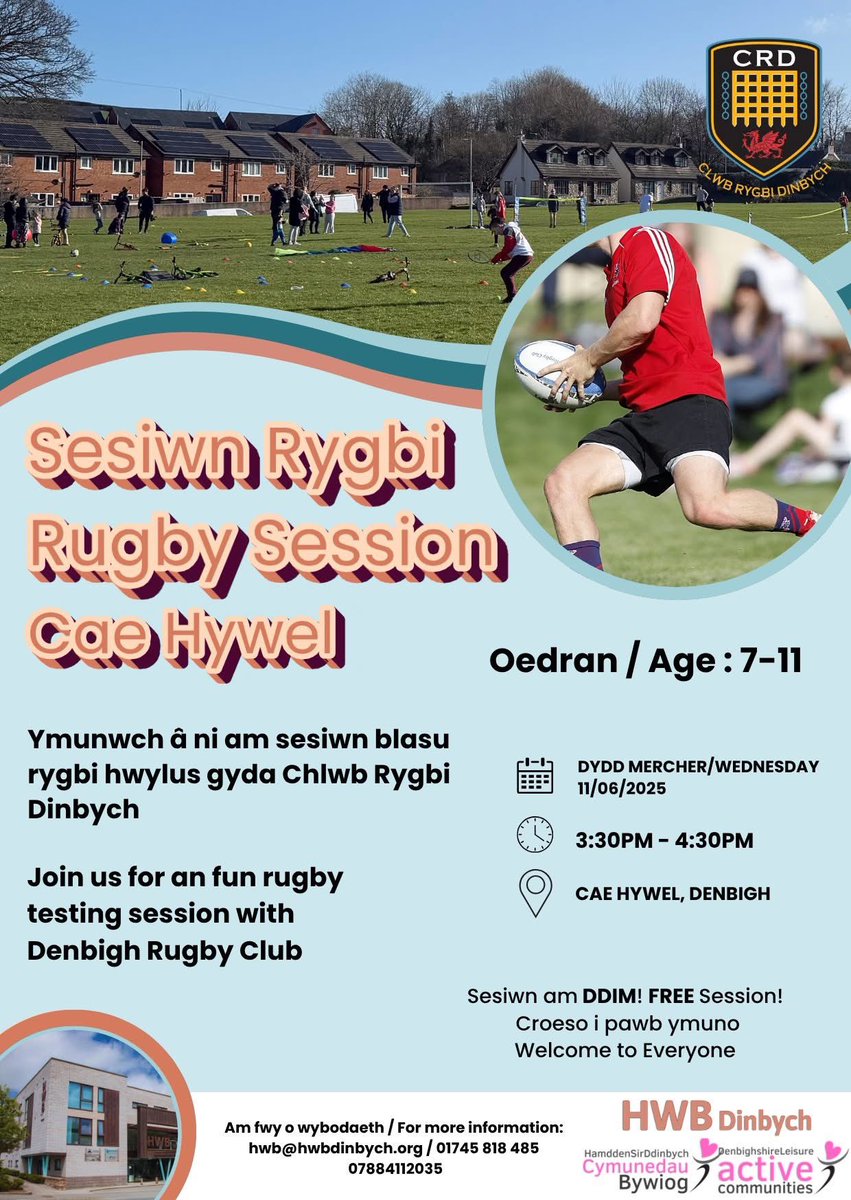 📢ATGOFFA📢

Sesiwn Blasu Rygbi AM DDIM - Cae Hywel 

📅 - HEDDIW! Dydd Mercher, 11 Mehefin

⏰ - 3:30yp - 4:30yp

📢REMINDER📢

FREE Rugby Testing Session - Cae Hywel

📅 - TODAY! Wednesday, 11 June 

⏰ - 3:30pm - 4:30pm

#CRD