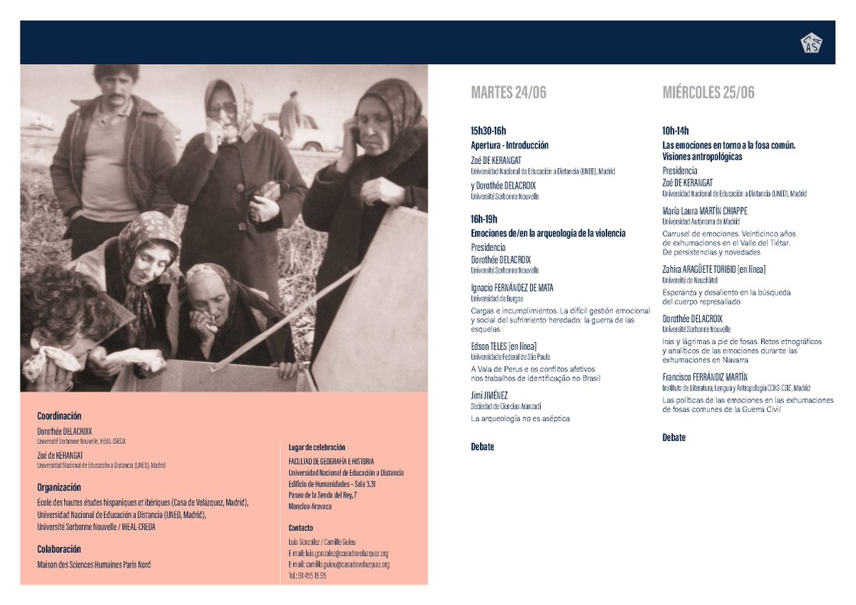 Los días 24 y 25 de junio, organizamos este taller sobre emociones y exhumaciones. Es un placer poder escuchar a todas estas personas que dedican su tiempo a investigar y pensar las fosas comunes. Os esperamos para poder conversar entre todos/as.