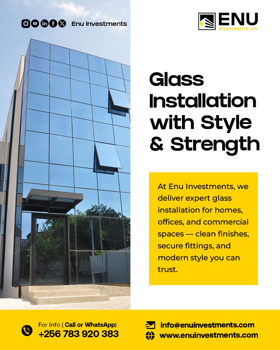 enunvestments's tweet photo. Transform your space with stunning #glassinstallations! ✨ At @EnuInvestments, we deliver expert glass solutions for homes, offices, and commercial spaces.
Expect clean finishes, secure fittings, and modern style that truly stands out. 🏢🏗️
Call: +256 783 920 383
#GlassFacade https://t.co/xbCuFD93sO