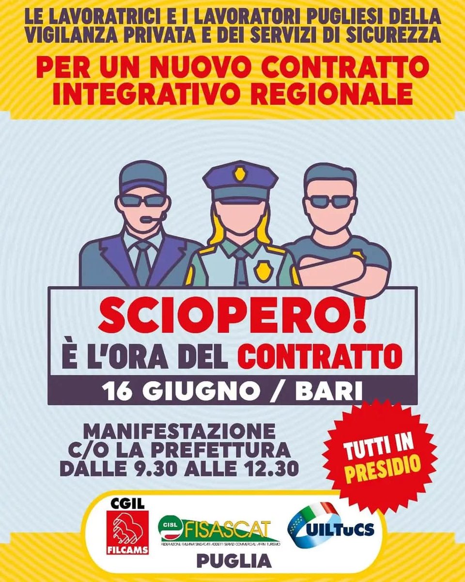 🔊Sarà sciopero il prossimo 16 giugno per le lavoratrici e i lavoratori della vigilanza privata e dei servizi di sicurezza, in attesa da troppo tempo dei rinnovi dei contratti nazionali. 
SAREMO IN PIAZZA PREFETTURA A BARI DALLE ORE 09:30 ALLE ORE 12:30 PER LO SCIOPERO REGIONALE