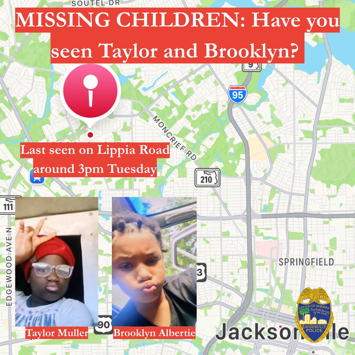 Jax Sheriff's Office (@jsopio) on Twitter photo ๐๐๐๐๐๐๐ ๐๐๐๐๐๐๐๐: ๐๐๐ฏ๐ ๐ฒ๐จ๐ฎ ๐ฌ๐๐๐ง ๐๐๐ฒ๐ฅ๐จ๐ซ ๐๐ง๐ ๐๐ซ๐จ๐จ๐ค๐ฅ๐ฒ๐ง?
The Jacksonville Sheriffโs Office is actively searching for two missing girls: 11-year-old Taylor Muller and 10-year-old Brooklyn Albertie. The girls left their home on Lippia Road ๐๐๐๐๐๐๐ ๐๐๐๐๐๐๐๐: ๐๐๐ฏ๐ ๐ฒ๐จ๐ฎ ๐ฌ๐๐๐ง ๐๐๐ฒ๐ฅ๐จ๐ซ ๐๐ง๐ ๐๐ซ๐จ๐จ๐ค๐ฅ๐ฒ๐ง?
The Jacksonville Sheriffโs Office is actively searching for two missing girls: 11-year-old Taylor Muller and 10-year-old Brooklyn Albertie. The girls left their home on Lippia Road