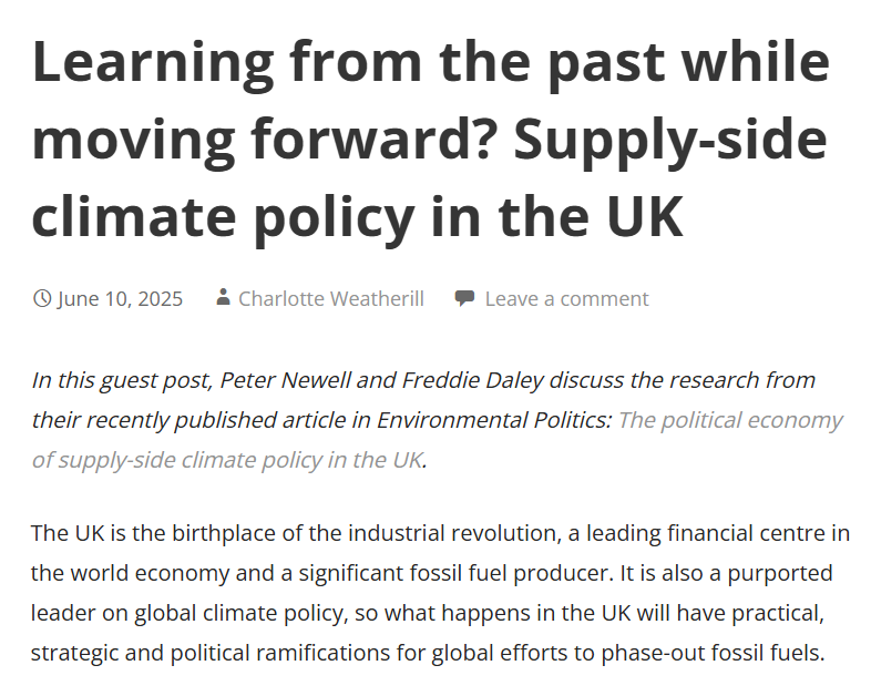 New guest post! 

Learning from the past while moving forward? Supply-side climate policy in the UK, a blog from <a href="/PeterJNewell_/">Peter Newell</a> and <a href="/Fred_Daley/">Freddie</a>.

environmentalpoliticsjournal.net/guest-posts/le…