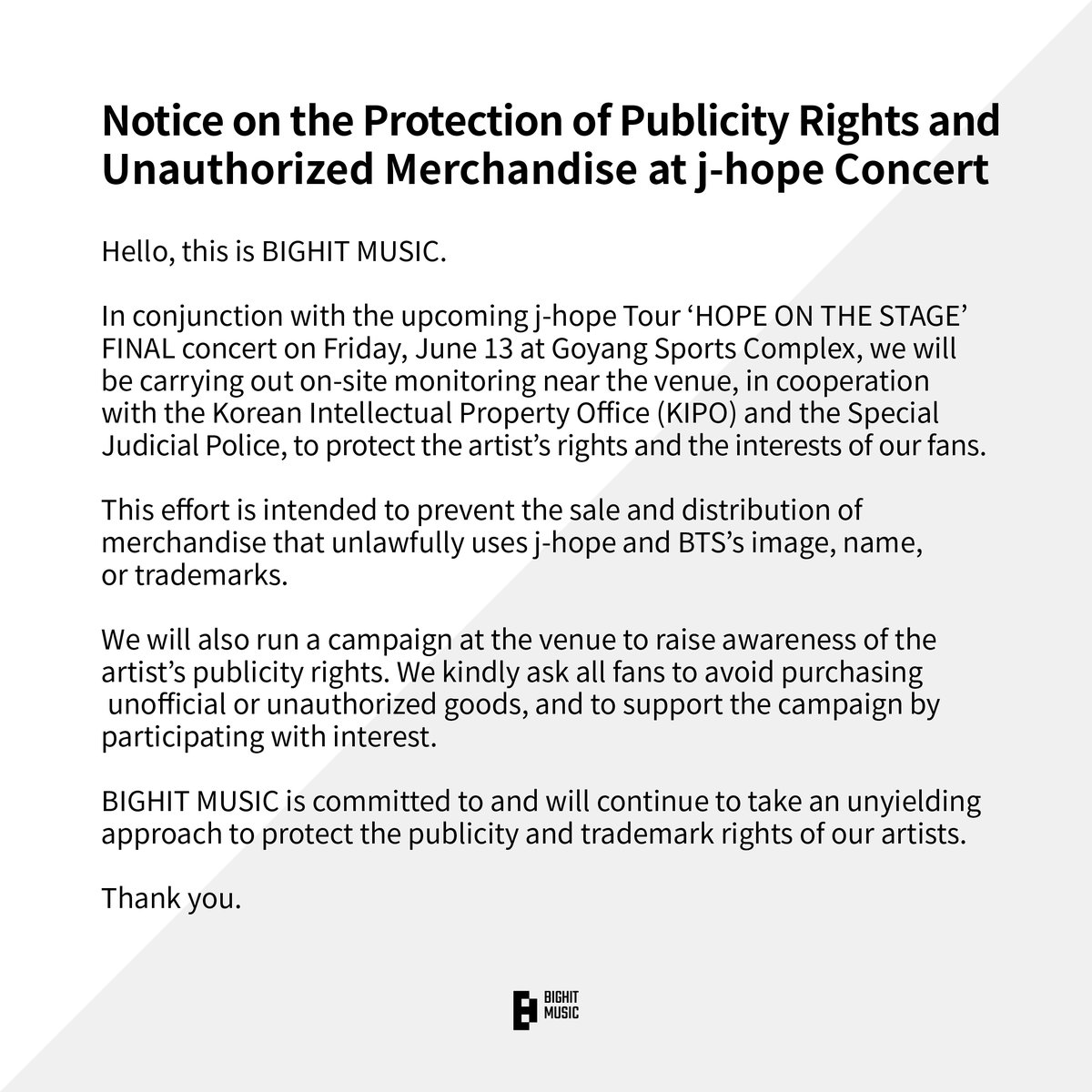 BIGHIT_MUSIC's tweet image. [공지] 제이홉 콘서트 현장 불법품 단속 및 아티스트 퍼블리시티권 보호 캠페인에 대한 공지 (+ENG)