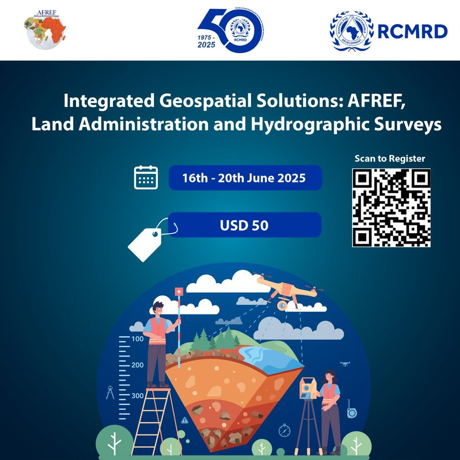 RCMRD_'s tweet photo. Upcoming Training : Integrated Geospatial Solutions: #AFREF, Land Administration, and #Hydrographic Surveys
๐๏ธ Date: 16thโ20th June 2025
๐ Venue: RCMRD, Opposite Kasarani Police Station, Nairobi, Kenya
๐ท Key Topics Include:
โ
#GNSS technologies and applications
โ
#Geodetic reference frames & coordinate systems
โ
AFREF strategy and sustainability
โ
Real-time GNSS networks & #data processing
โ
Alignment with global initiatives (ITRF, UN-GGIM, GGOS)
๐ฏ Target Participants:
Surveyors & #geodesists, #GIS & remote sensing professionals, Researchers, academics, and policymakers, National mapping & #space agencies
๐ Donโt miss this opportunity to enhance your geospatial expertise and contribute to a unified geodetic framework across Africa.
๐ฒ Registration Fee: USD 50
๐ Register now: https://t.co/9l3iXyKew0