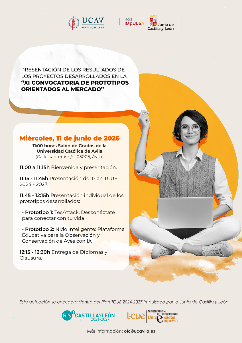 UCAVILA_'s tweet image. #HOY

📣 Presentación de los resultados de los proyectos desarrollados en la "XI Convocatoria de Prototipos orientados al mercado"

⌚️ 11:00h 
📍 Salón de grados (3ª planta) 

Esta acción se encuadra dentro del #PlanTCUE 2024-2027 impulsado por la #JCyL