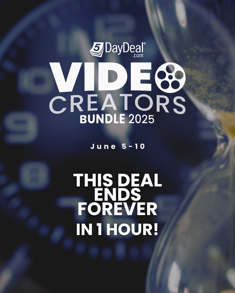 Just 1 hour left! The Video Creators Bundle ends at midnight PT—this is your last shot to save big and enter the $10K+ Giveaway. Hurry! 👉 5daydeal.com/twitter
#VideoEditing
#5DayDealVideo
#5DayDifference