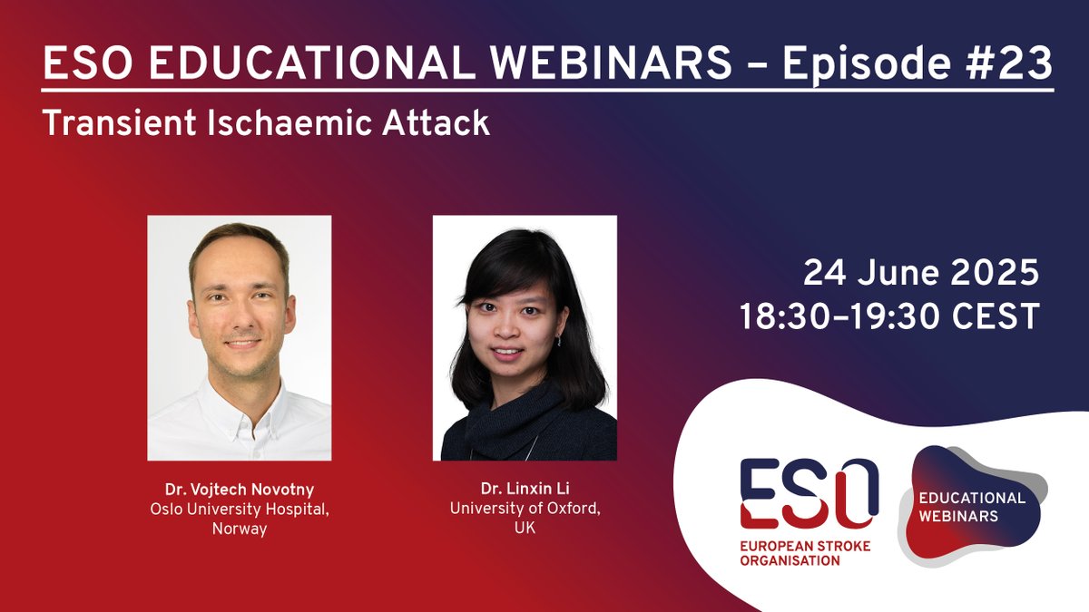 European Stroke Org (@esostroke) on Twitter photo Is it a funny turn or a TIA? 🧠
Join the ESO webinar on 24 June at 18:30 CEST for a focused discussion on diagnosing and managing transient ischaemic attacks.
🔗ow.ly/eEkA50W4HIQ
🎙️ With <a href="/vojtech_no/">Vojtech Novotny</a>, Linxin Li, <a href="/M_Peycheva/">Marieta Peycheva</a> and <a href="/xabierurra/">Xabier Urra</a>
#Neurology #Stroke #ESOWebinar Is it a funny turn or a TIA? 🧠
Join the ESO webinar on 24 June at 18:30 CEST for a focused discussion on diagnosing and managing transient ischaemic attacks.
🔗ow.ly/eEkA50W4HIQ
🎙️ With <a href="/vojtech_no/">Vojtech Novotny</a>, Linxin Li, <a href="/M_Peycheva/">Marieta Peycheva</a> and <a href="/xabierurra/">Xabier Urra</a>
#Neurology #Stroke #ESOWebinar