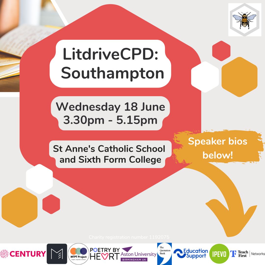 🗓️ LitdriveCPD: Southampton 🗓️

One week! Join us for subject-specific CPD at St Anne’s Catholic School &amp; Sixth Form College on Wed 18 June. 

See 🧵 for info on the speakers!

#LitdriveCPD