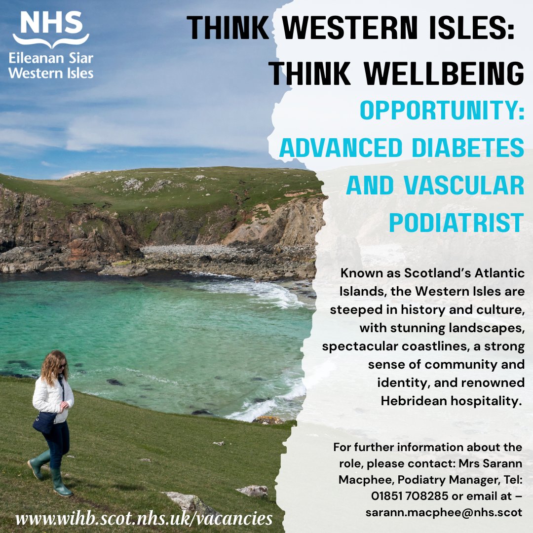 PODIATRY OPPORTUNITY!
The Western Isles are steeped in history and culture, with stunning landscapes, spectacular coastlines, a strong sense of community and identity, and renowned Hebridean hospitality.
Come &amp; join our #Podiatry team!
apply.jobs.scot.nhs.uk/Job/JobDetail?…