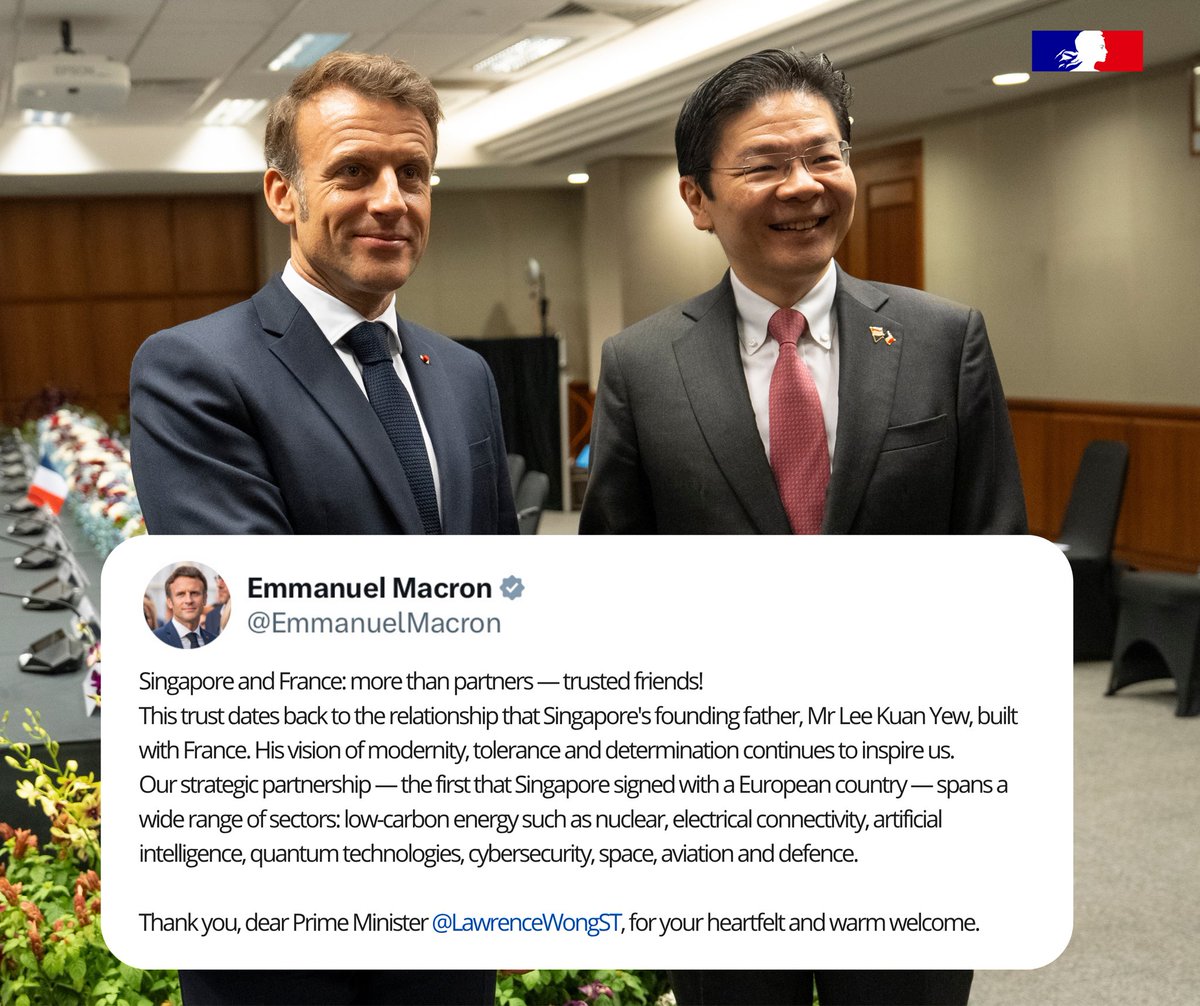 France in Singapore (@franceinsg) on Twitter photo 🇫🇷🤝🇸🇬 On the occasion of President <a href="/EmmanuelMacron/">Emmanuel Macron</a> State Visit to Singapore, France and Singapore upgraded their bilateral ties to a Comprehensive Strategic Partnership (CSP), Singapore’s first with a European country!
This historic milestone marks 60 years of diplomatic 🇫🇷🤝🇸🇬 On the occasion of President <a href="/EmmanuelMacron/">Emmanuel Macron</a> State Visit to Singapore, France and Singapore upgraded their bilateral ties to a Comprehensive Strategic Partnership (CSP), Singapore’s first with a European country!
This historic milestone marks 60 years of diplomatic