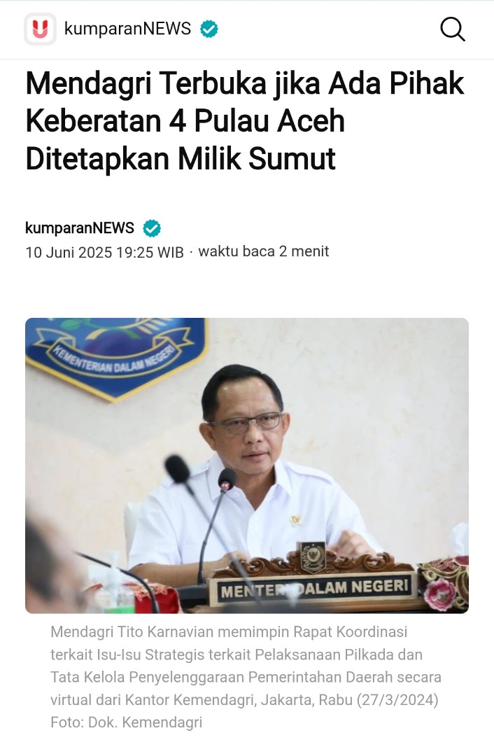 Saya NICHO SILALAHI, Lahir dan dibesarkan di Sumatera Utara, serta Berkeinginan Jikalau Saya Mati Harus Di Kebumikan di Tanah Leluhurku Yang Berada di Sumatera Utara.

Dengan ini menegaskan bahwa kami tidak membutuhkan 4 Pulau Milik Aceh Masuk Kewilayah Sumut, Biarlah Masyarakat