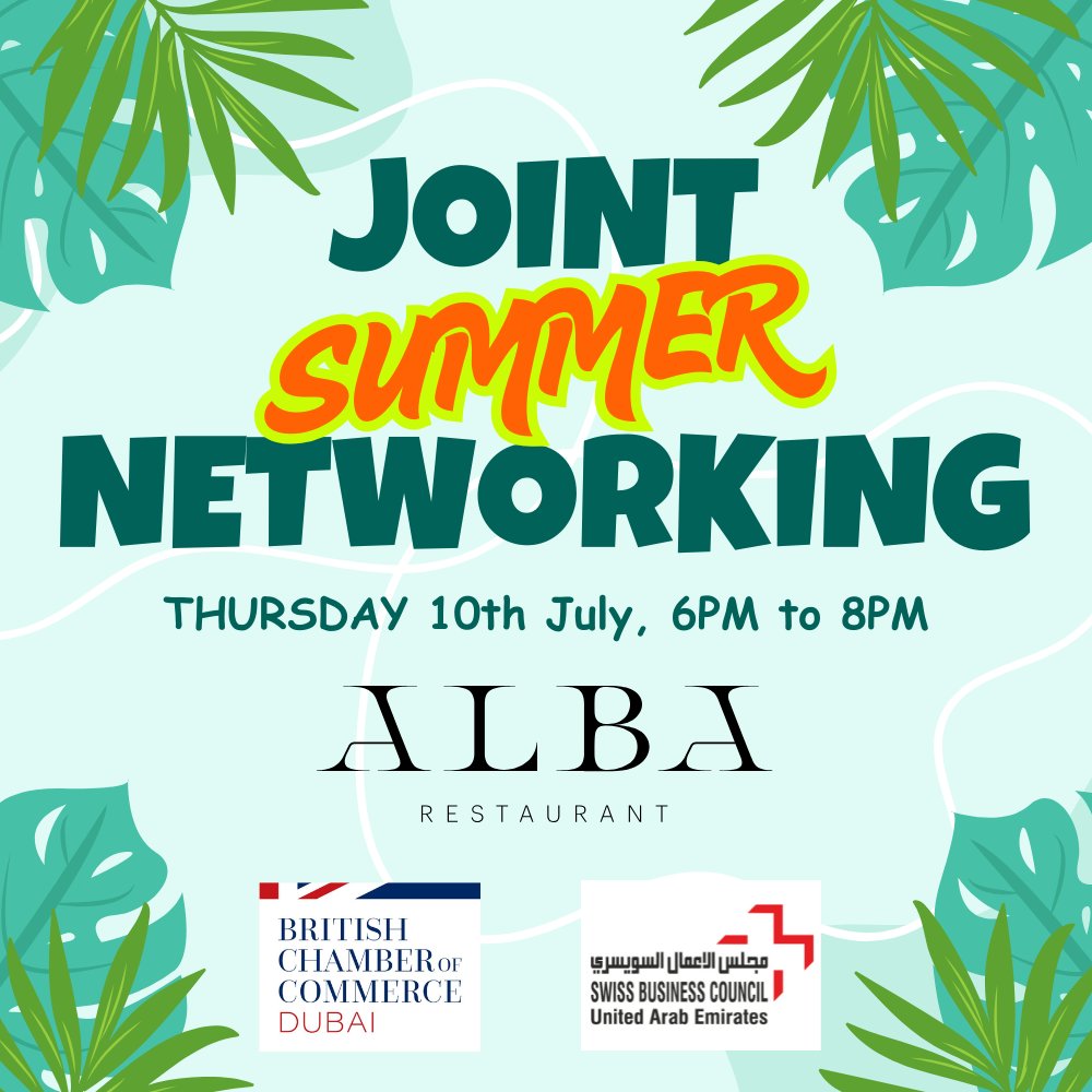 swissbcuae's tweet image. Join the British Chamber of Commerce Dubai and the Swiss Business Council UAE for our Summer Networking event!
Don’t miss out — register now:
 swissbcuae.com/.../joint-summ…
See you there!
.
.
.
#SummerNetworking #DubaiBusiness #BusinessCommunity #ChamberOfCommerce #NetworkingEvent