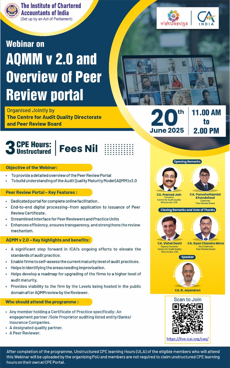 Register for Webinar on "AQMM v 2.0 &amp; Overview of Peer Review Portal” on 20th June 2025 from 11:00AM to 2:00PM at live.icai.org/caq/

#Audit #PeerReview #auditquality #auditfirms #caq #auditinaction #prb 

<a href="/CAPramodLunawat/">CA. Pramod Jain</a> <a href="/cavishaldoshi/">Vishal Doshi</a> <a href="/phkhandelwal/">CA Purushottam Khandelwal</a> <a href="/cagcmisra/">CA Gyan Chandra Misra</a>