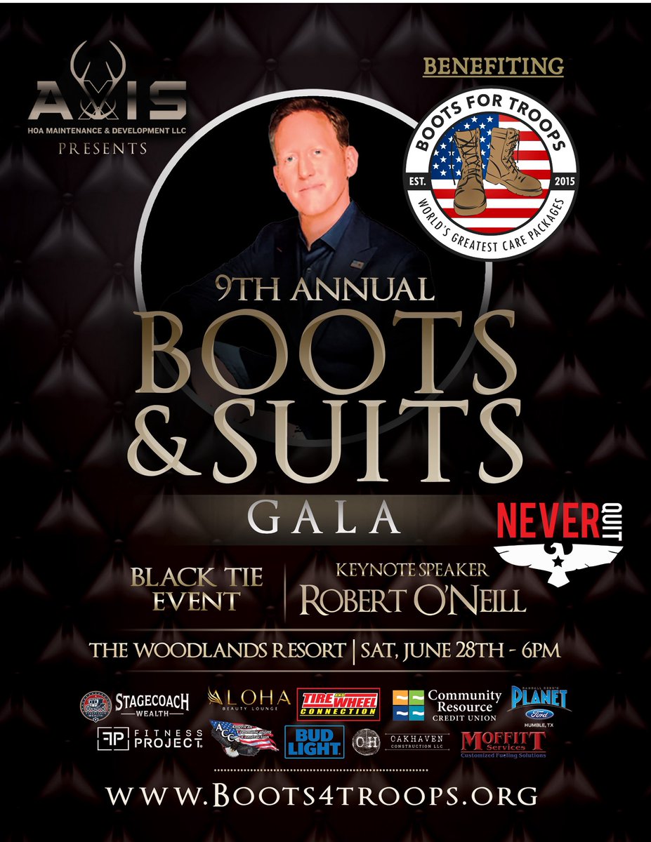 Boots For Troops (@boots4troops) on Twitter photo We can’t wait to have Robert O’Neill <a href="/mchooyah/">Robert J. O'Neill</a> speak at our Annual Summer Gala Event, as we celebrate 10 years of sending the Worlds Greatest Care Packages, and assisting active duty service members in emergency situations. Help us fill 50 more seats and support our cause! We can’t wait to have Robert O’Neill <a href="/mchooyah/">Robert J. O'Neill</a> speak at our Annual Summer Gala Event, as we celebrate 10 years of sending the Worlds Greatest Care Packages, and assisting active duty service members in emergency situations. Help us fill 50 more seats and support our cause!
