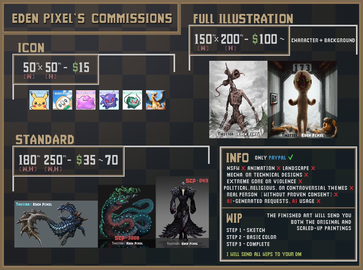 eden_pixel's tweet image. Commissions Open🎨
I’ll draw your favorite character or your OC in pixel art.
Please note that I use a translator due to my limited English, so my replies may be a bit slow—thank you for your understanding!
If you're interested or have any questions, feel free to send me a DM ✉