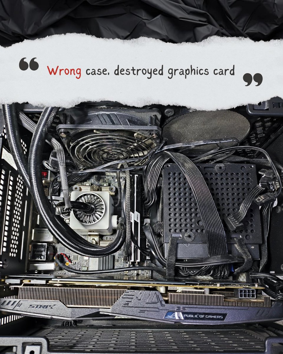 cslabs's tweet image. Wrong case choice = dead GPU.
Cables pushed the card sideways, damaging the PCIe slot.
Always leave extra space for clean installation and cable management.